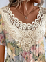 Women's Short Sleeve Blouse Summer Yellow Floral Lace Jersey Crew Neck Daily Going Out Casual Top