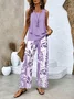 Women's Floral Leaf Two-Piece Set Light Blue Casual Summer Top with Pants