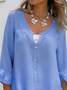 Women's Three Quarter Sleeve Blouse Spring/Fall Light Blue Plain Buckle Notched Bell Sleeve Daily Going Out Casual Top