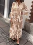 Women's Long Sleeve Spring/Fall Khaki Ethnic Printing V Neck Party Going Out Ethnic Maxi A-Line Dress