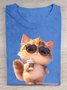 Crew Neck Cat Casual Cotton T-Shirt