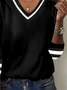 Black and white contrasting V-neck long sleeved casual T-shirt