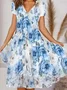 Women's Casual A Line Floral Print V Neck Midi Dress