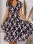 Women's Casual A Line Floral Print V Neck Midi Dress