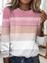 Pink striped printed round neck casual long sleeved T-shirt