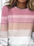 Pink striped printed round neck casual long sleeved T-shirt