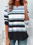 Striped Design Round Neck Loose Long Sleeve T-Shirt