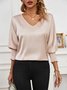 Women's Long Sleeve Blouse Spring/Fall Apricot Plain V Neck Daily Going Out Casual Top