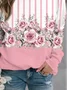 Striped floral print long sleeved round neck sweatshirt