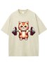 Weightlifting Cat Printed Washed T-shirt