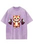 Weightlifting Cat Printed Washed T-shirt