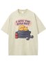 Funny Stealing Lazy Cat Printed Washed T-shirt