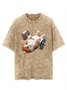 Funny Fitness Cat Printed Laundry T-shirt