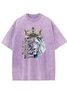 Lion text letter printed casual wash T-shirt