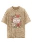 Flower text letter printed casual wash T-shirt