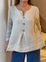 Casual Plain Buckle Cotton And Linen Blouse