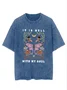 Flower text letter printed casual wash T-shirt