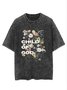 Flower text letter printed casual wash T-shirt