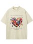 Flower text letter printed casual wash T-shirt