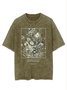 Flower text letter printed casual wash T-shirt
