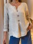 Casual Plain Buckle Cotton And Linen Blouse