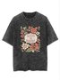 Flower text letter printed casual wash T-shirt