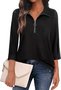 Women's Three Quarter Sleeve Blouse Spring/Fall Blue Plain Zipper Shirt Collar Daily Going Out Casual Top
