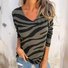 Women's Long Sleeve T-shirt Spring/Fall Khaki Striped V Neck Daily Going Out Casual Top