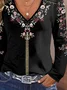 Ethnic pattern printed casual V-neck women's T-shirt