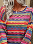 Casual Crew Neck Loose Multicolor Block Blouse