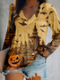 Halloween Horror Ghost Black Cat Pumpkin V-neck Long Sleeve T-shirt Top