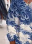 Women's Blue Waves & Cats Print Cotton Casual V Neck T-Shirt