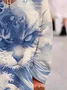 Women's Blue Waves & Cats Print Cotton Casual V Neck T-Shirt