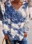 Women's Blue Waves & Cats Print Cotton Casual V Neck T-Shirt