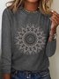 Black Mandala Flower Printed Casual Women's Round Neck T-shirt