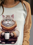 Coffee Cat Round Neck Casual Sweatshirt