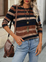 Women's Long Sleeve T-shirt Spring/Fall Brown Striped Jersey Crew Neck Daily Going Out Casual Top