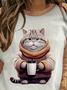 Coffee Cat Round Neck Casual Sweatshirt