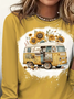 Sunflower and vintage car printed casual T-shirt