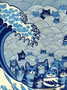 Women's Blue Waves&Cats Printed Sweatshirt