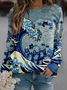 Women's Blue Waves&Cats Printed Sweatshirt