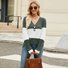 Women's Long Sleeve Blouse Spring/Fall Black Color Block V Neck Daily Going Out Casual Top