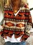 V Neck Knitted Casual Floral Cardigan