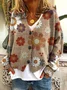 V Neck Knitted Casual Floral Cardigan