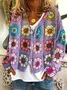 V Neck Knitted Casual Floral Cardigan