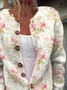 Fresh Pink Flowers and Green Leaves Print Buttoned Cardigan