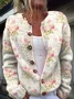 Fresh Pink Flowers and Green Leaves Print Buttoned Cardigan
