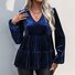Women's Long Sleeve Blouse Spring/Fall Purplish blue Plain Velvet V Neck Daily Going Out Casual Top