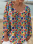 Colorful Hippie Style Floral Pattern Printed Women's Casual V-Neck Long Sleeve Comfortable Cotton T-Shirt