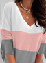 Loose V Neck Color Block Casual T-Shirt